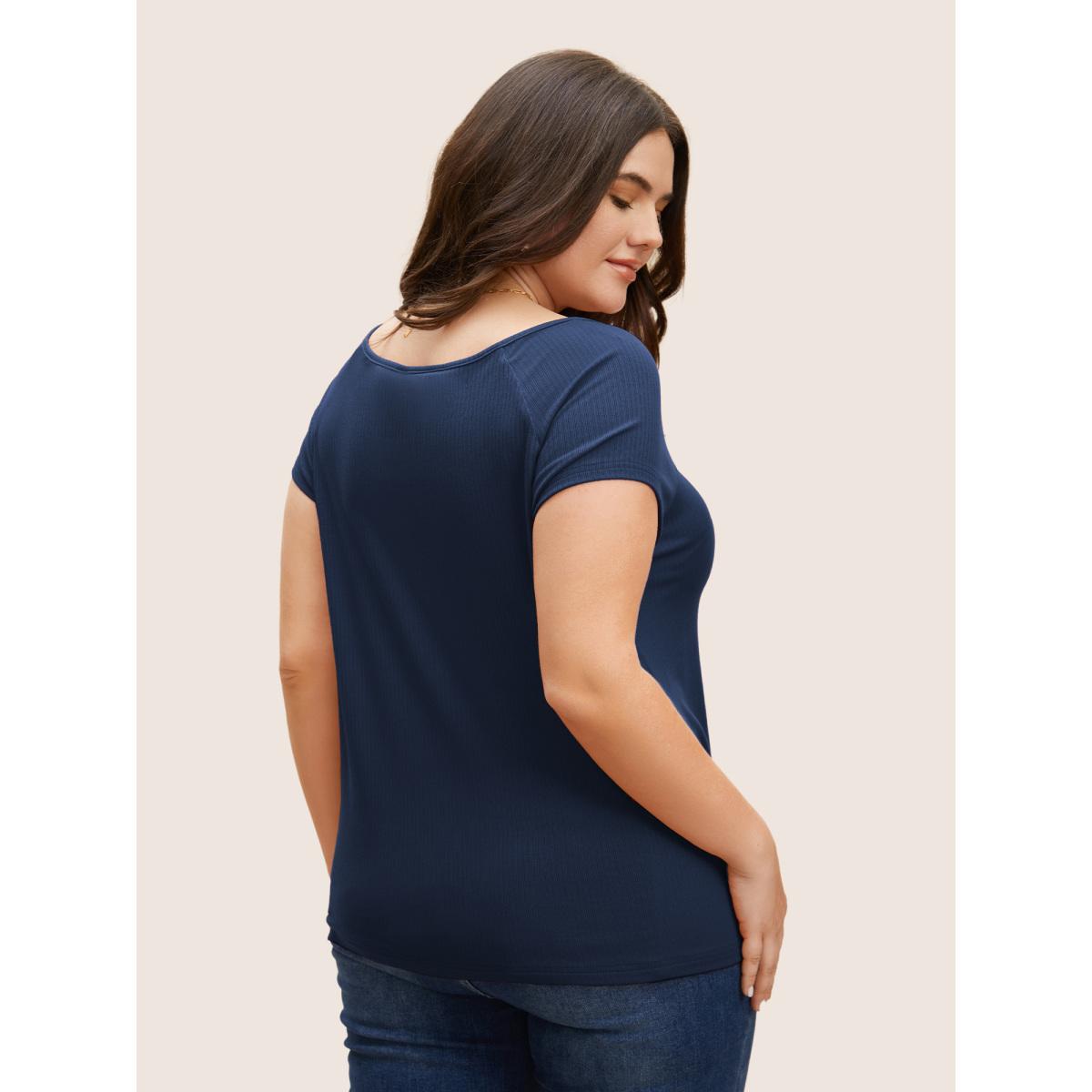 Plus Size Solid Notched Collar Pit Strip T-shirt Indigo Women Elegant Non Notched collar Bodycon Everyday T-shirts BloomChic 26/4X Product Image