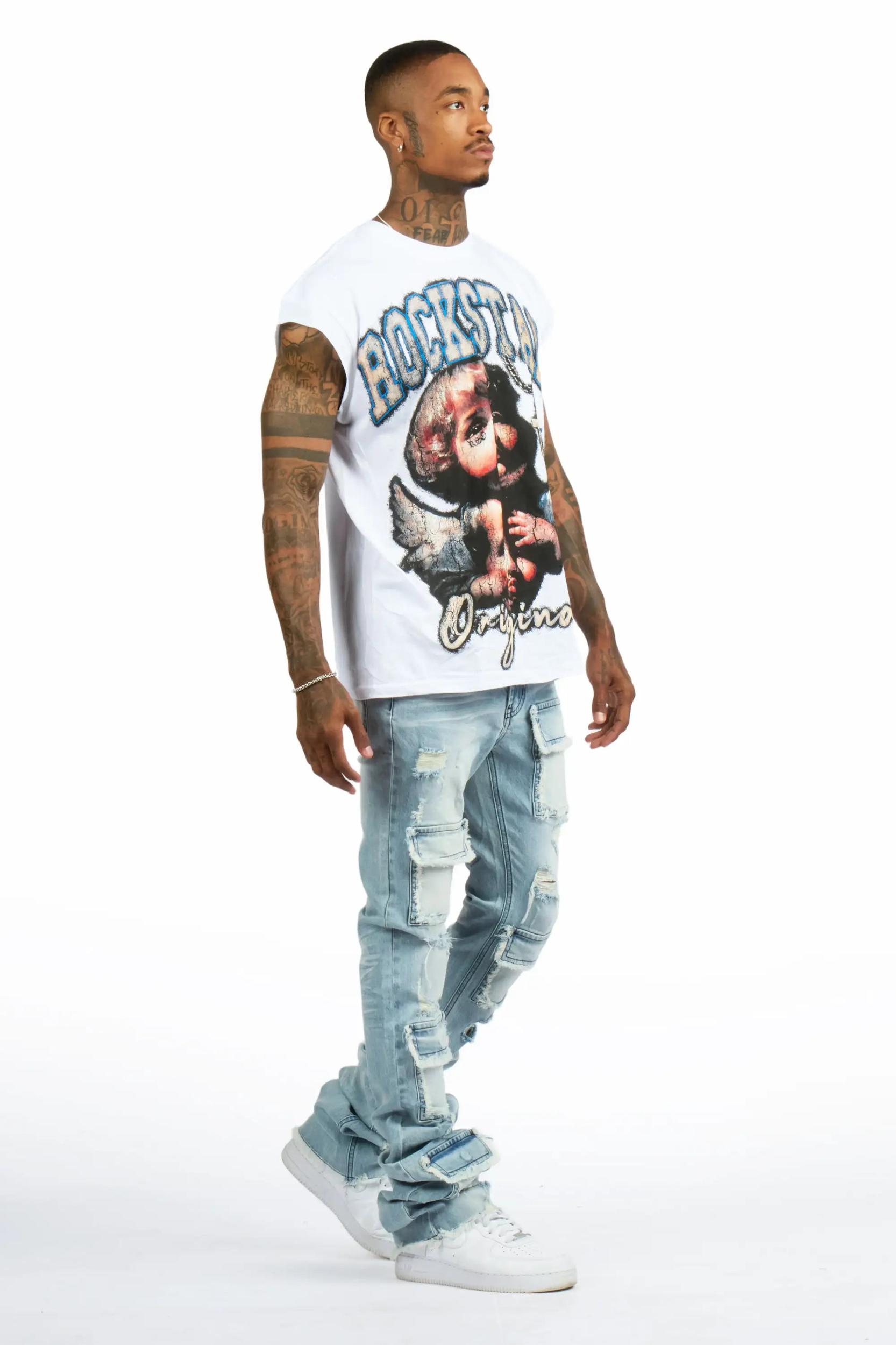 Deiter 2.0 White Oversized Graphic T-Shirt & Pooja Blue Super Stacked Flare Jean Set Male Product Image