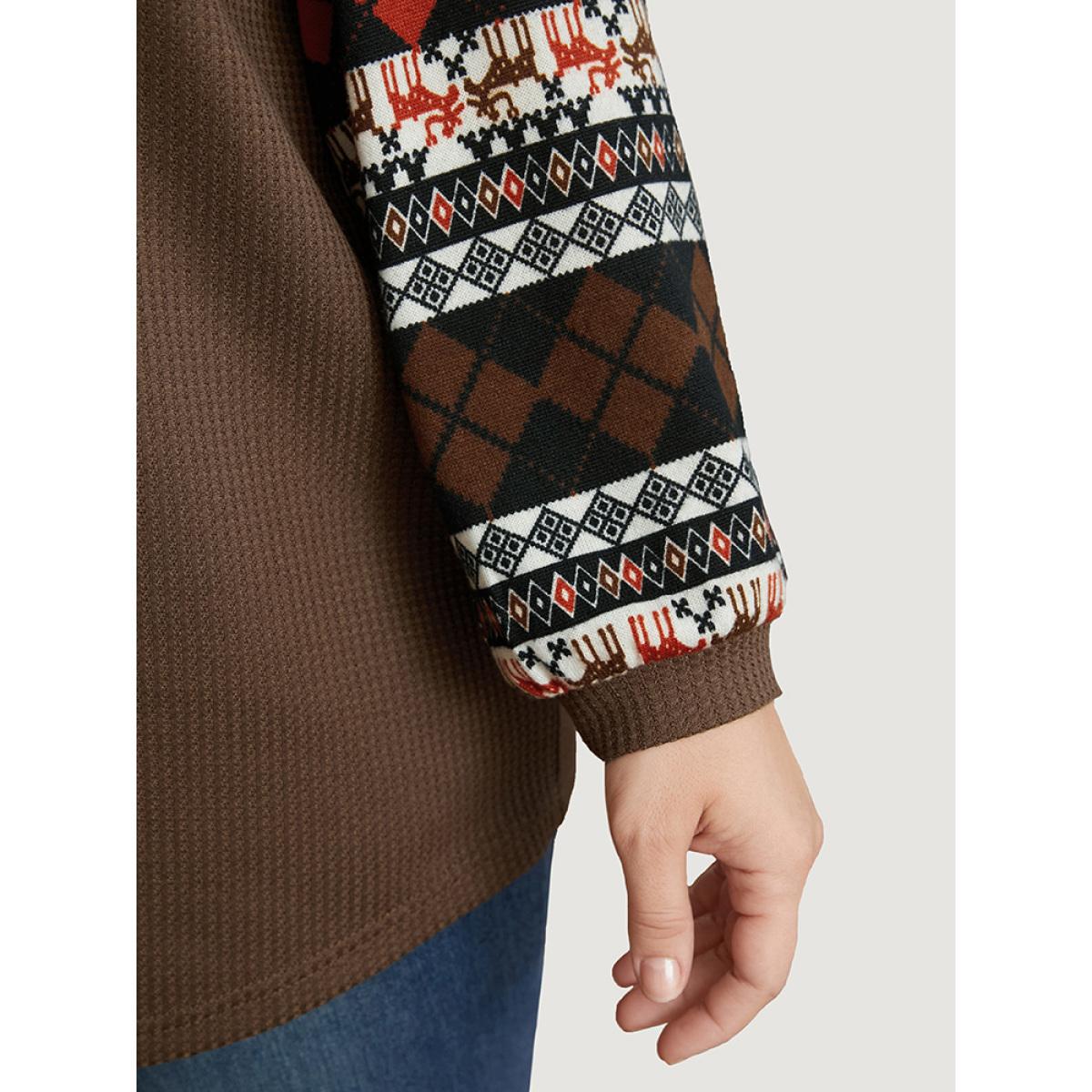 Plus Size Elk Geometric Patchwork Waffle Knit Sweatshirt Women DarkBrown Elegant Contrast V-neck Dailywear Sweatshirts BloomChic 14-16/1X Product Image