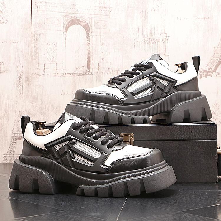 Platform Square Toe Mesh Panel Lace-Up Faux Leather Shoes Product Image