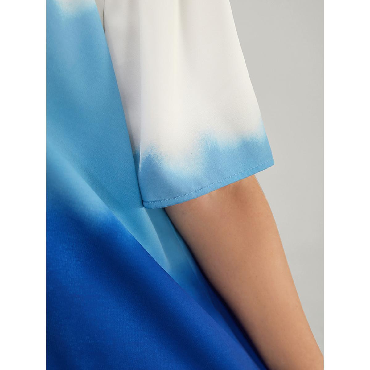 Plus Size Cerulean Tie Dye Frill Trim Mock Neck Ruffle Asymmetrical Hem Blouse Women Vacation Half Sleeve Mock Neck Dailywear Blouses BloomChic 22-24/3X Product Image