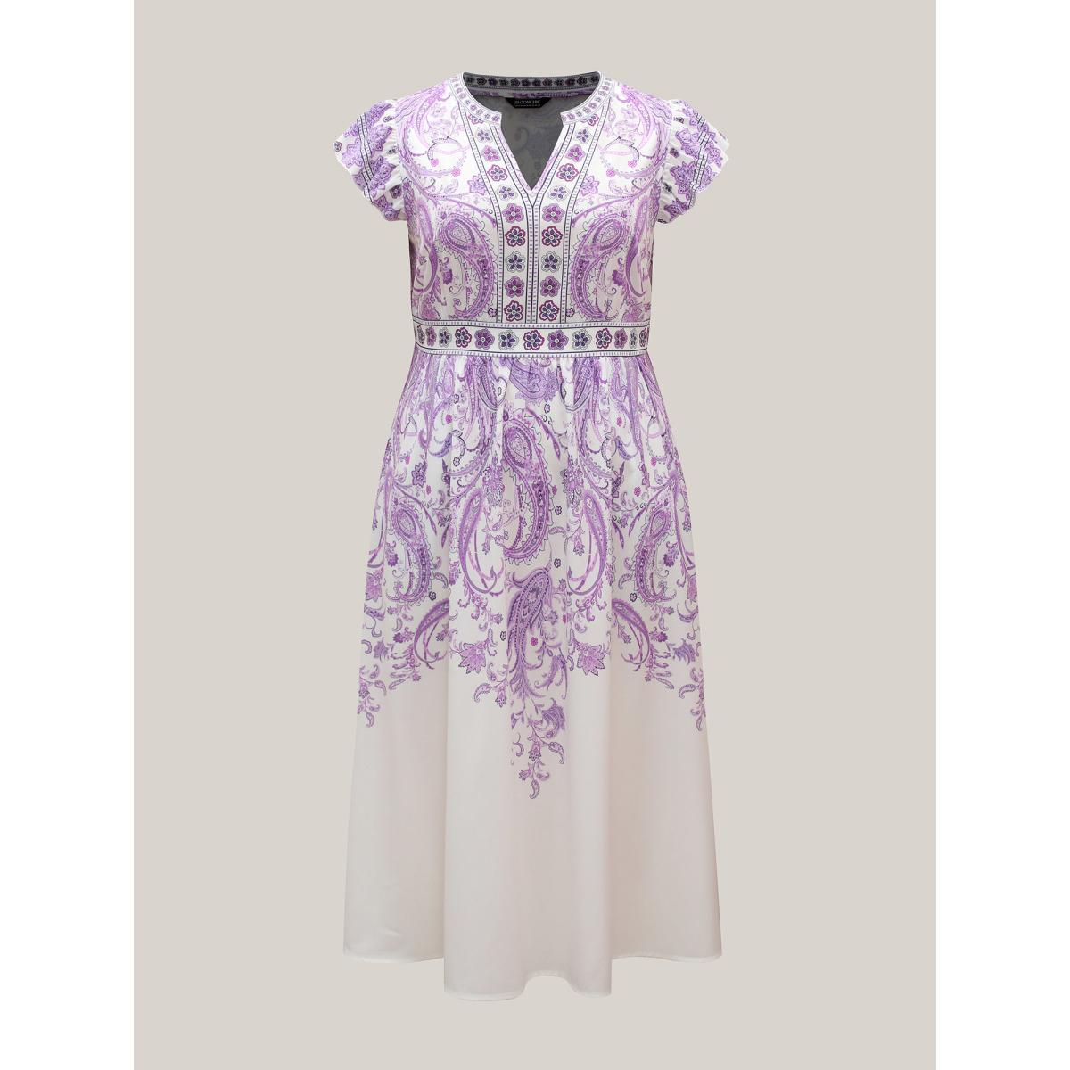 Plus Size Paisley Print Notched Collar Ruffled Midi Dress Mauve Women Resort Ruffles Flat collar with V-notch Short sleeve Curvy BloomChic 30/6X Product Image