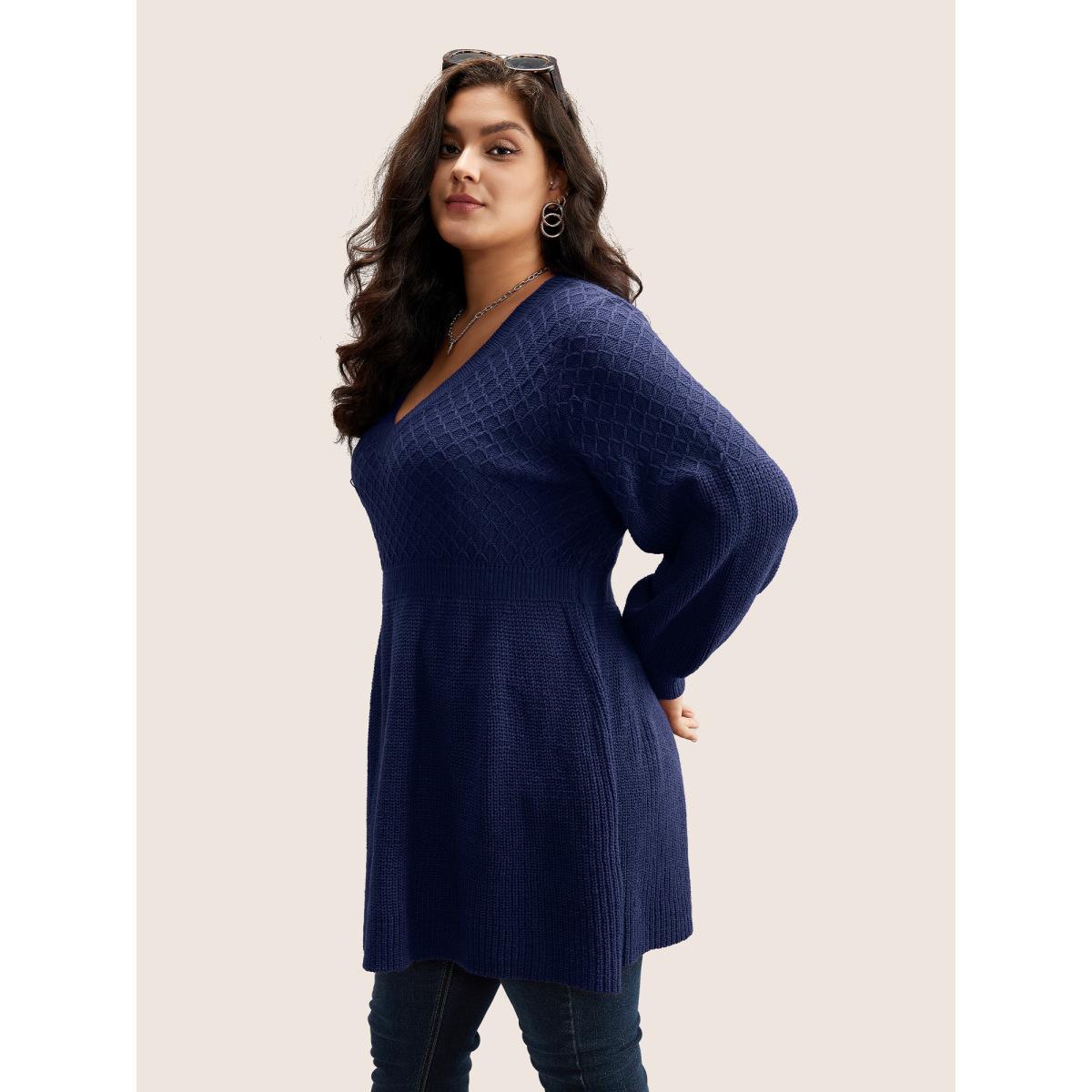 Plus Size Plain Plisse Lantern Sleeve A Line Pullover Indigo Women Elegant Long Sleeve V-neck Everyday Pullovers BloomChic 14-16/1X Product Image