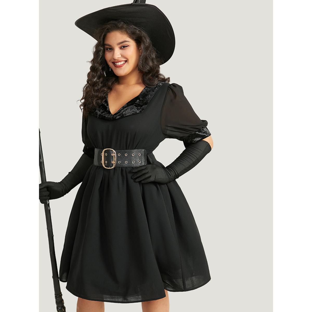 Plus Size Halloween Plain Lapel Collar Lantern Sleeve Mesh Dress Black Women Elegant See through V-neck Half Sleeve Curvy Knee Dress BloomChic 14-16/1X Product Image