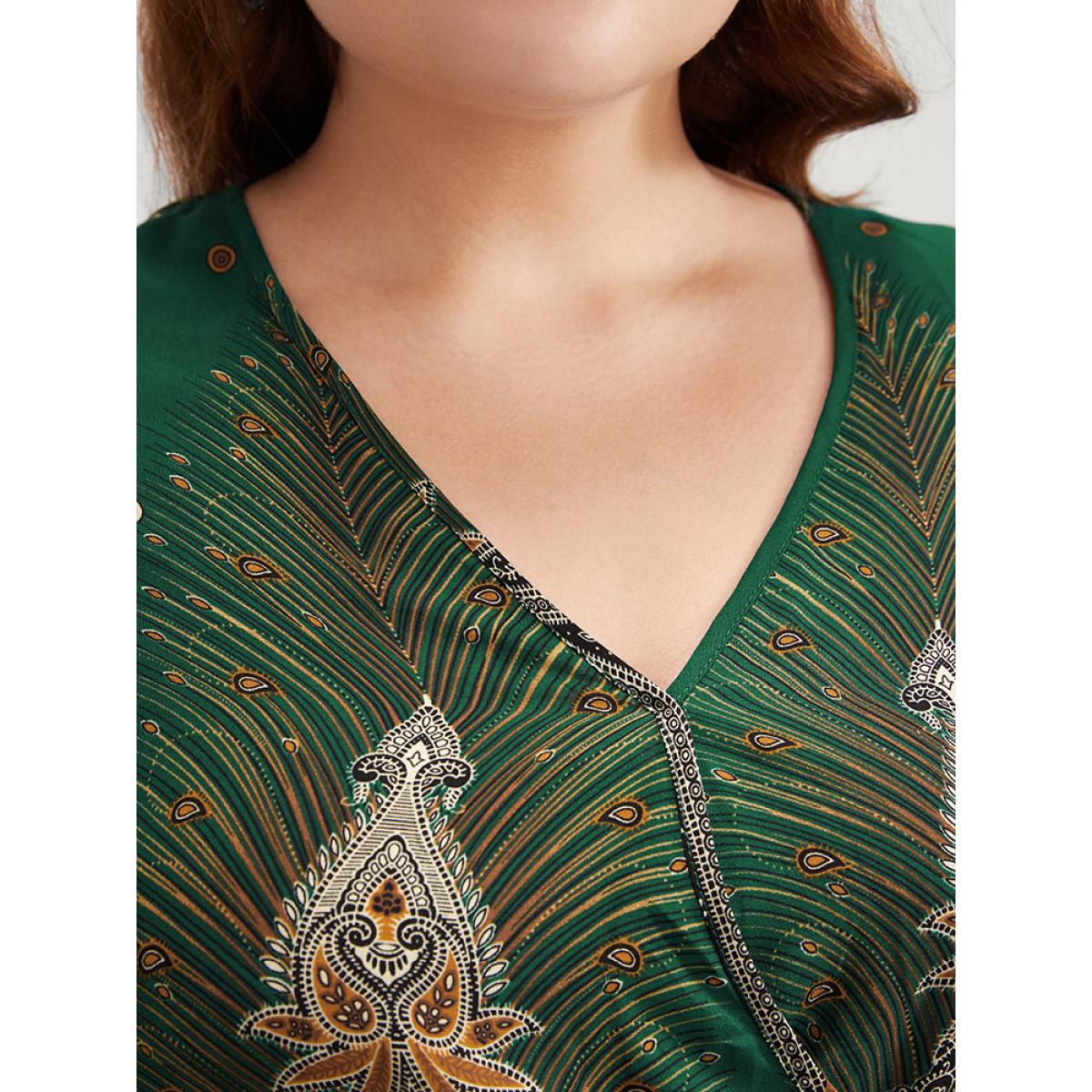 Plus Size Green Bandana High Low Hem Flutter Wrap Blouse Women Vacation Short sleeve V-neck Dailywear Blouses BloomChic 18-20/2X Product Image