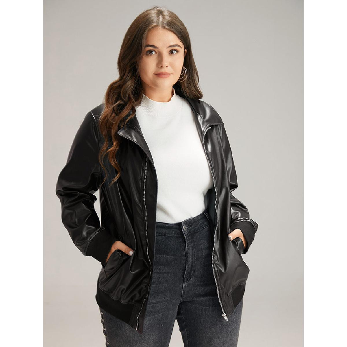 Plus Size Plain Zipper Fly Rib Knit Patchwork Jacket Women Black Elastic cuffs Pocket Dailywear Jackets BloomChic 12/L Product Image