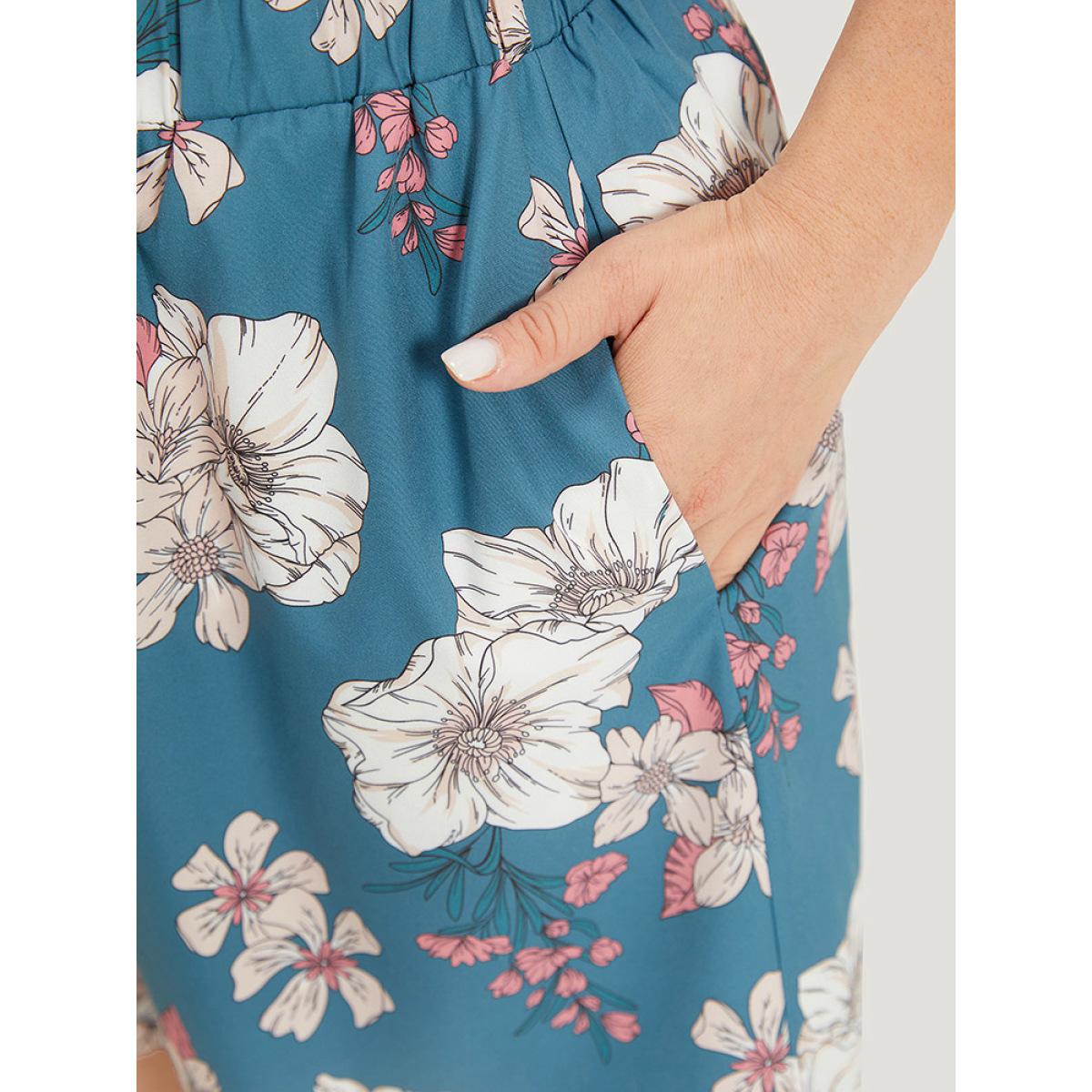 Plus Size Floral Print Pocket Ties Elastic Waist Shorts Women Cerulean Elegant Elastic Waist Dailywear Shorts BloomChic 14-16/1X Product Image