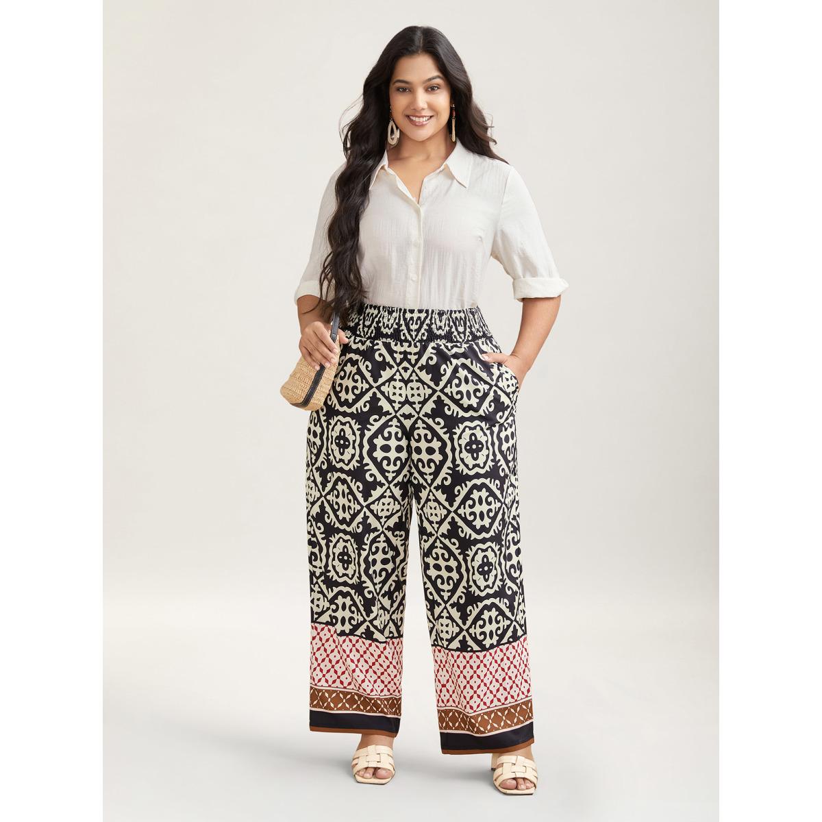 Plus Size Ornate Print Contrast Hem Straight Leg Pants Women Black Resort Straight Leg Mid Rise Vacation Pants BloomChic 12/L Product Image
