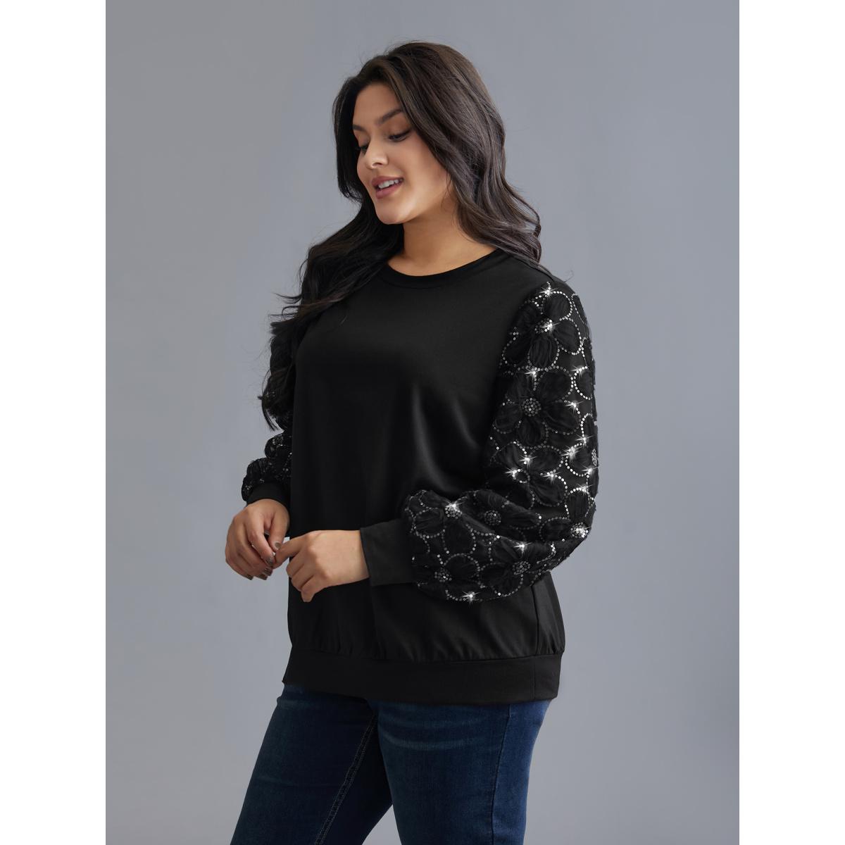 Plus Size Floral Sequin Mesh Patchwork Sweatshirt Women Black Elegant Patchwork Round Neck Everyday Sweatshirts BloomChic 12/L Product Image