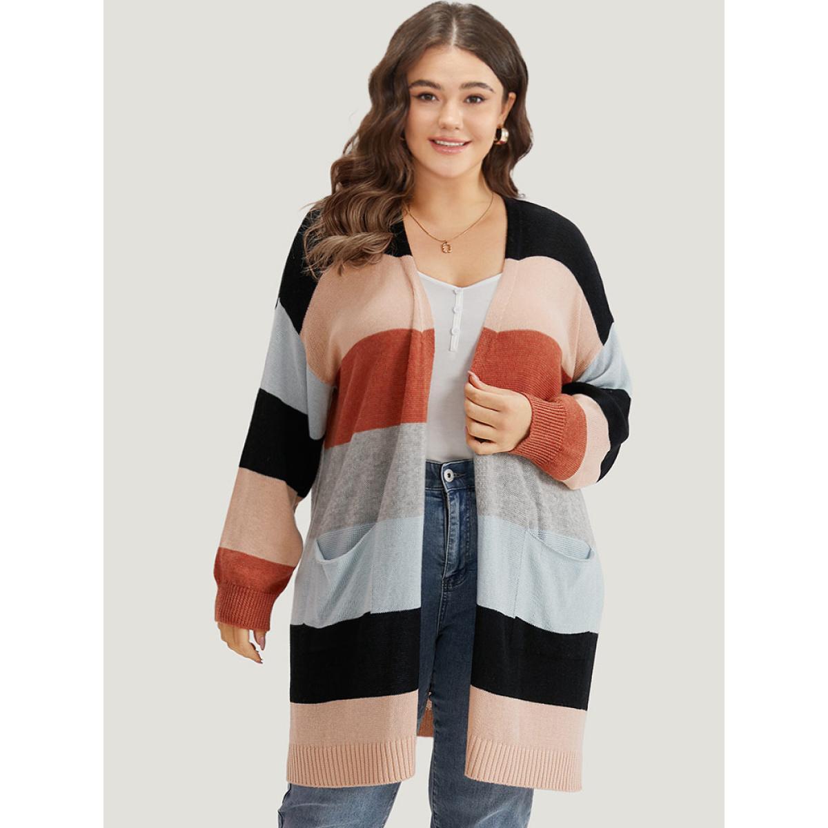 Plus Size Supersoft Essentials Colorblock Patched Pocket Tunic Cardigan Multicolor Women Casual Loose Long Sleeve Dailywear Cardigans BloomChic 12/L Product Image