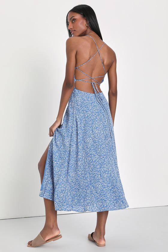 Charming Dedication Blue Floral Sleeveless Lace-Up Midi Dress Product Image