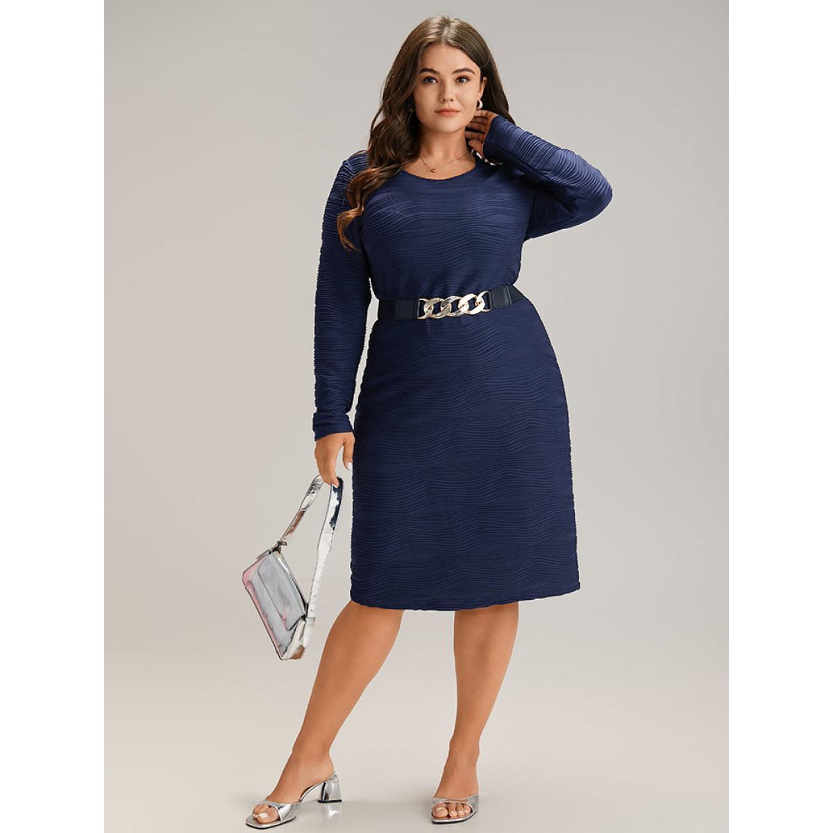 Plus Size Rib Knit Plain Belted Crew Neck Dress Indigo Women At the Office Texture Round Neck Long Sleeve Curvy Midi Dress BloomChic 10/M Product Image