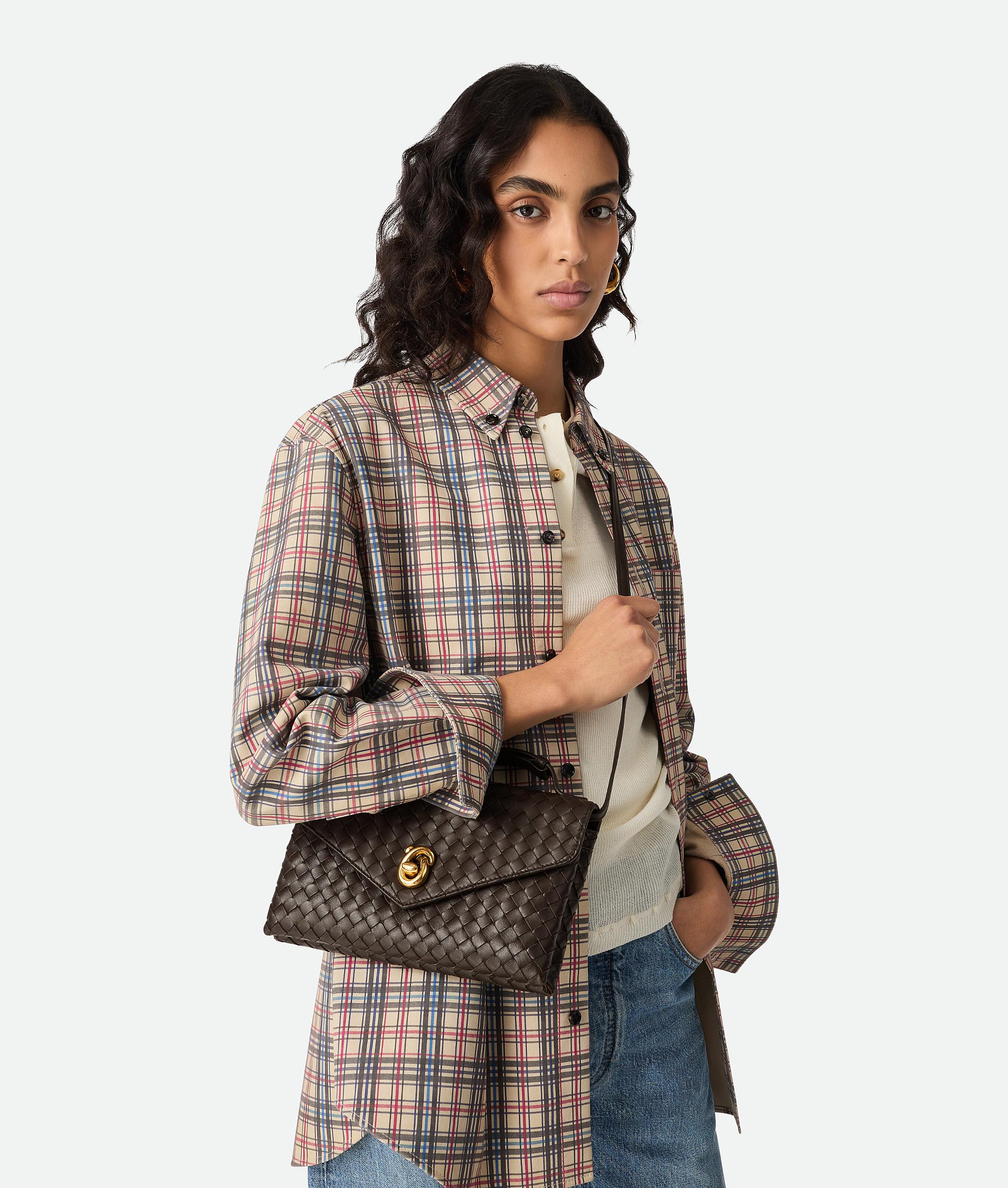 BOTTEGA VENETA Knot Lock Medium Intrecciato Leather Shoulder Bag In Brown Product Image