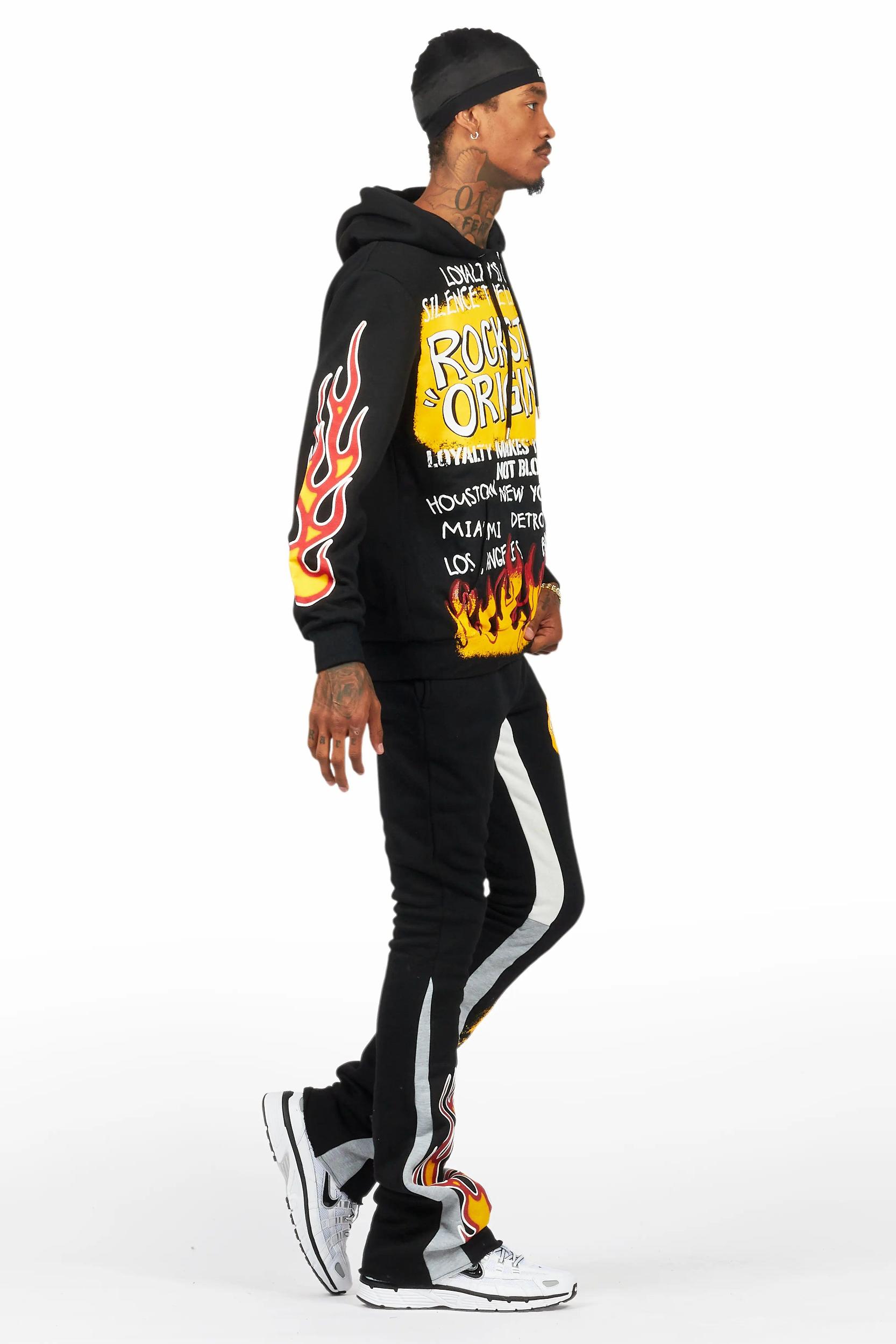 Beno Black/Yellow Stacked Flare Hoodie Track Set Male Product Image