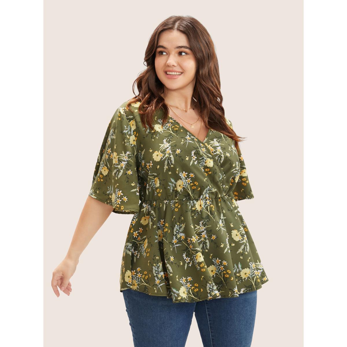 Plus Size Moss Floral Print Ruffles Surplice Neck Blouse Women Elegant Half Sleeve V-neck Everyday Blouses BloomChic 30/6X Product Image