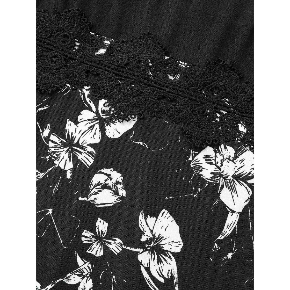 Plus Size Floral Patchwork Lace Trim Midi Dress Black Women Elegant Woven ribbon&lace trim V-neck Elbow-length sleeve Curvy BloomChic 14-16/1X Product Image