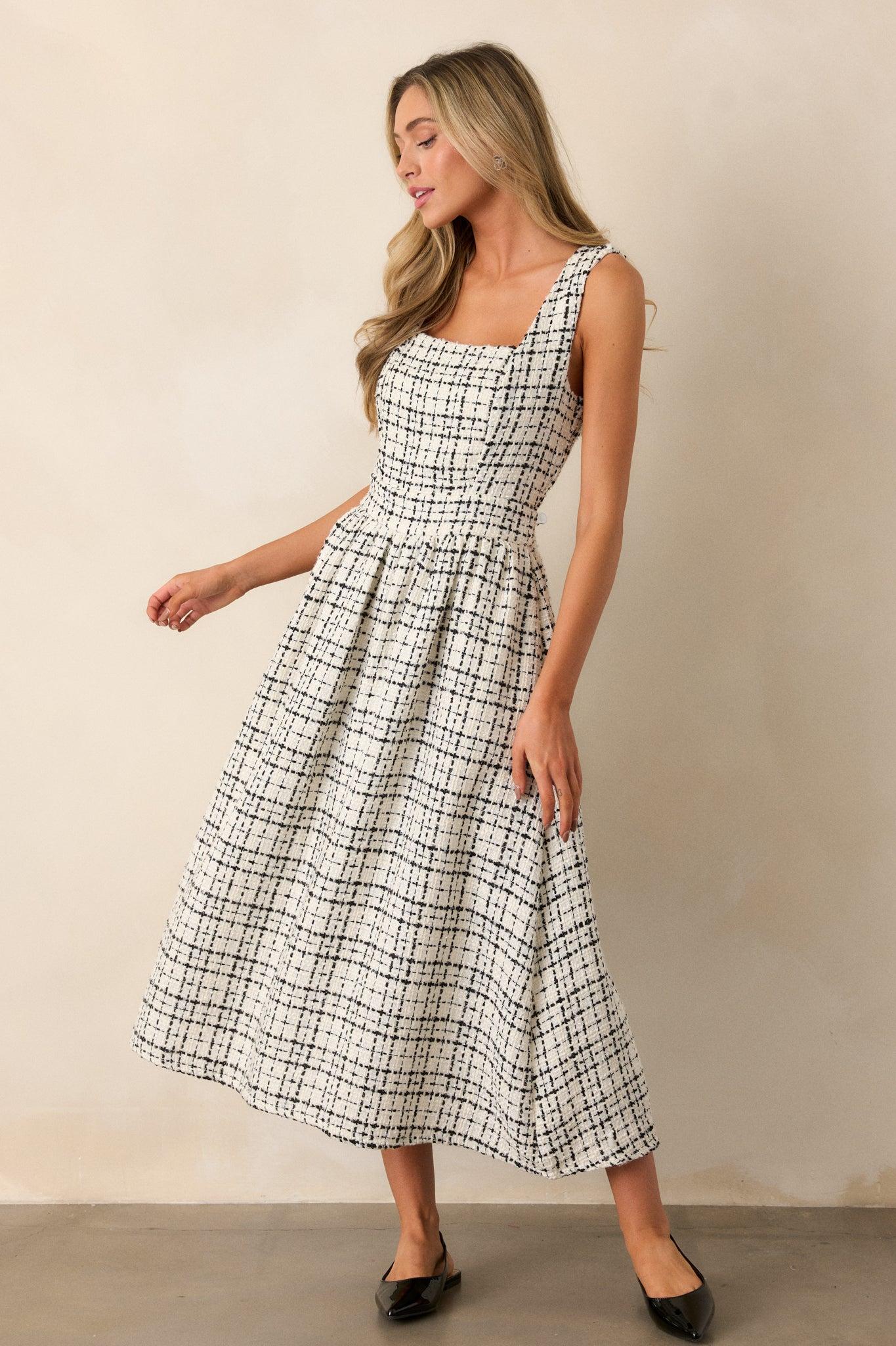 Runaway Hearts White & Black Tweed Midi Dress Product Image