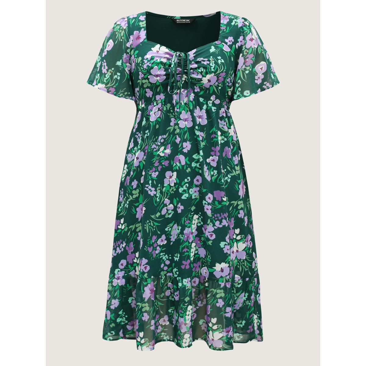Plus Size Floral Chiffon Ruched Drawstring Midi Dress DarkGreen Women Romantic Heart neckline Short sleeve Curvy BloomChic 14-16/1X Product Image