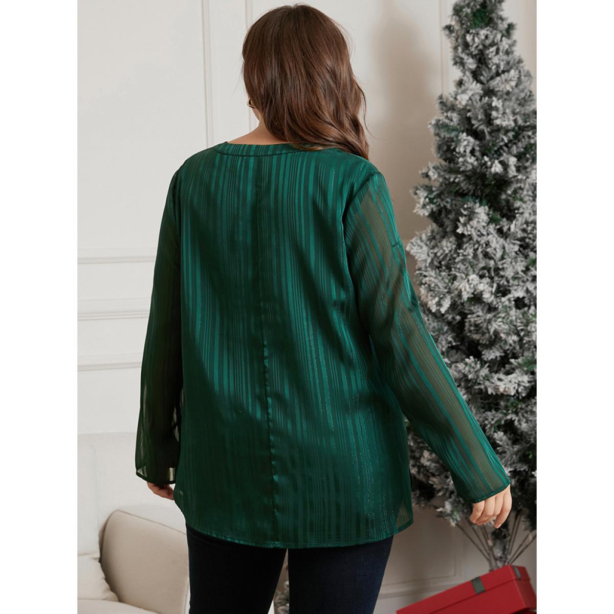 Plus Size Green Glitter Striped V Neck Button Detail Blouse Women Casual Long Sleeve V-neck Festival-Christmas Blouses BloomChic 18-20/2X Product Image