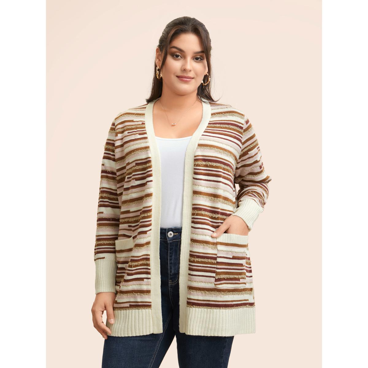 Plus Size Striped Kimono Collar Pocket Cardigan Beige Women Casual Loose Long Sleeve Everyday Cardigans BloomChic 18-20/2X Product Image