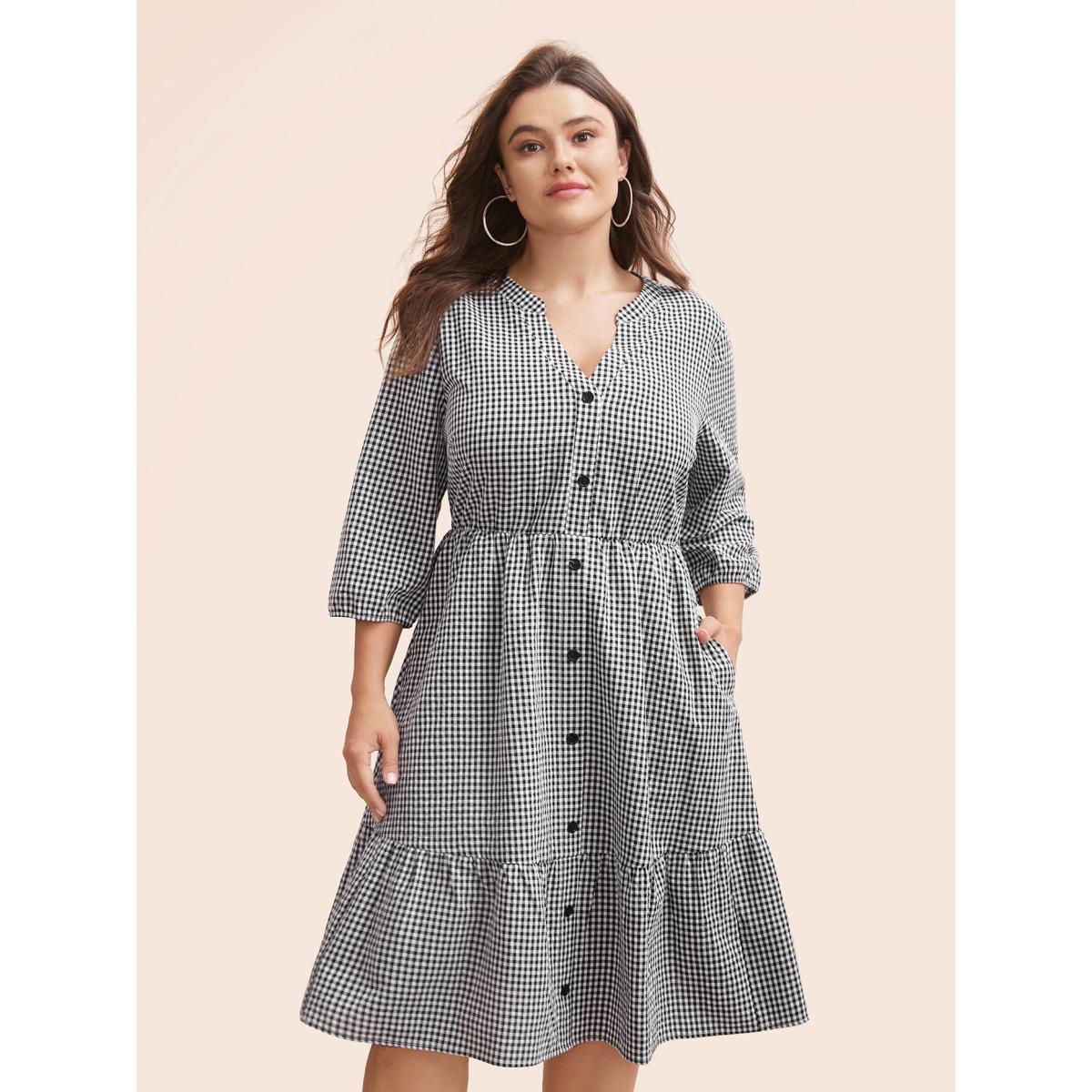 Plus Size Gingham Notched Ruffle Hem Lantern Sleeve Dress Black Women Casual Button Notched collar Elbow-length sleeve Curvy BloomChic 26/4X Product Image