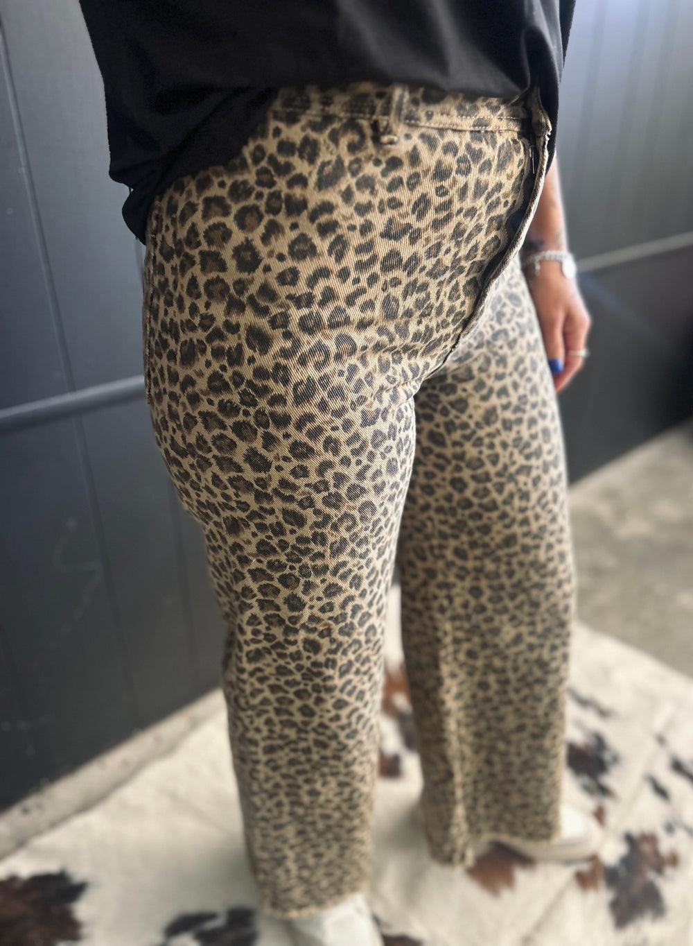 High Rise Leopard Twill Frayed Hem Wide Leg Pants Product Image