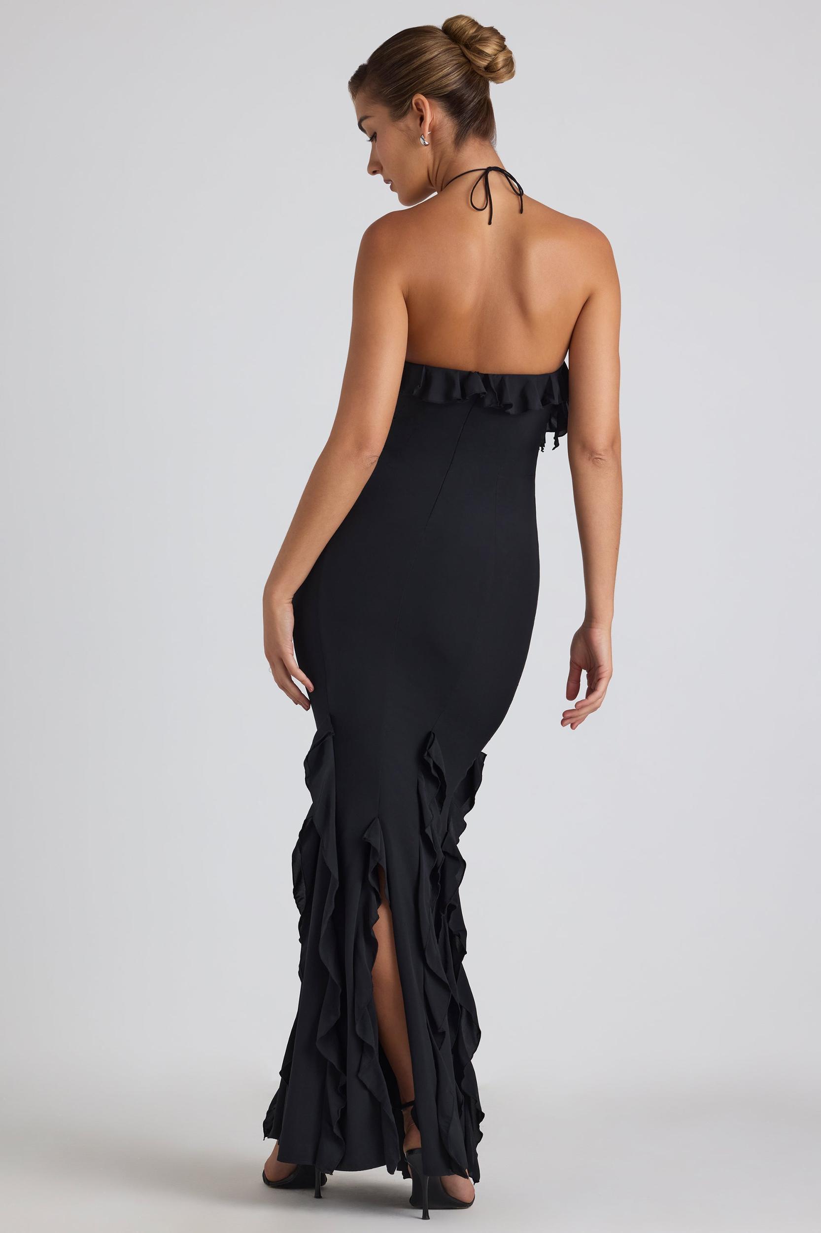 Ruffle-Trim Halterneck Gown in Black Product Image