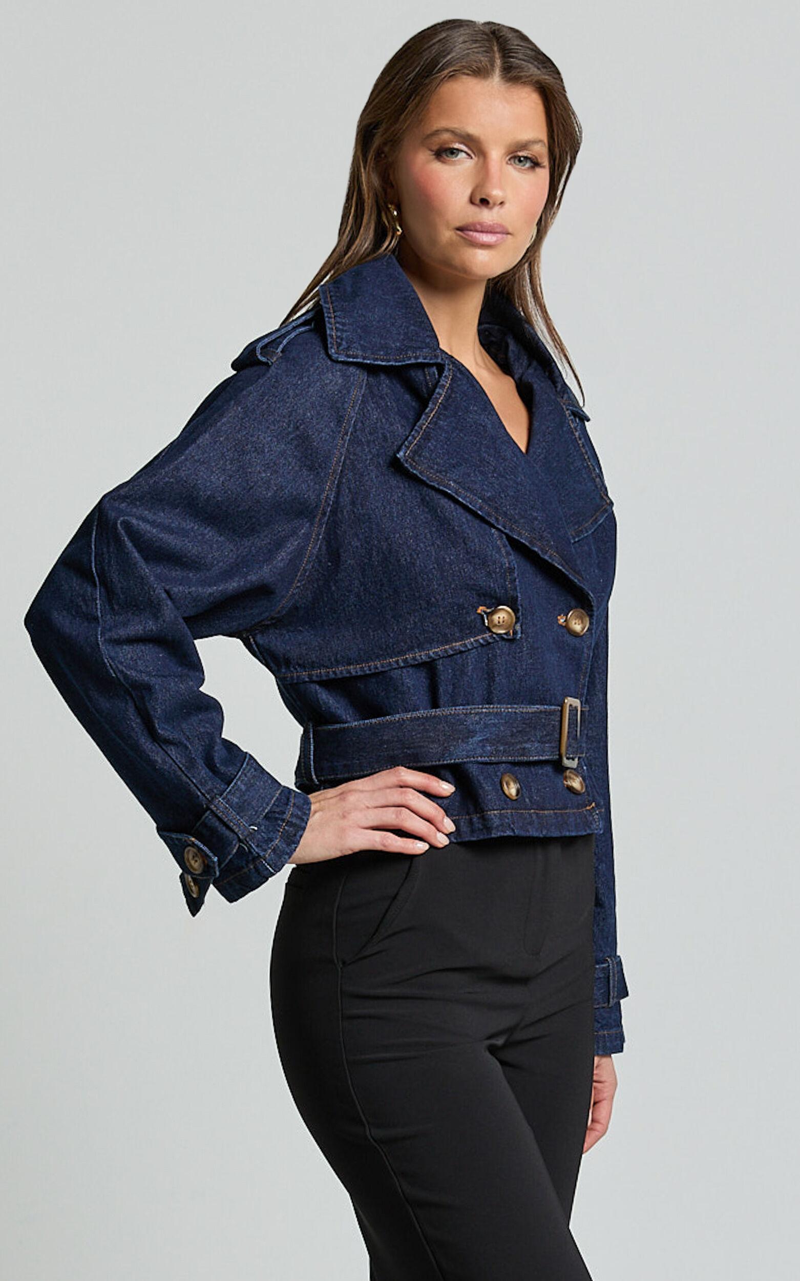 Gabrielle Trench Coat - Tie Waist Cropped Denim Coat in Indigo Product Image