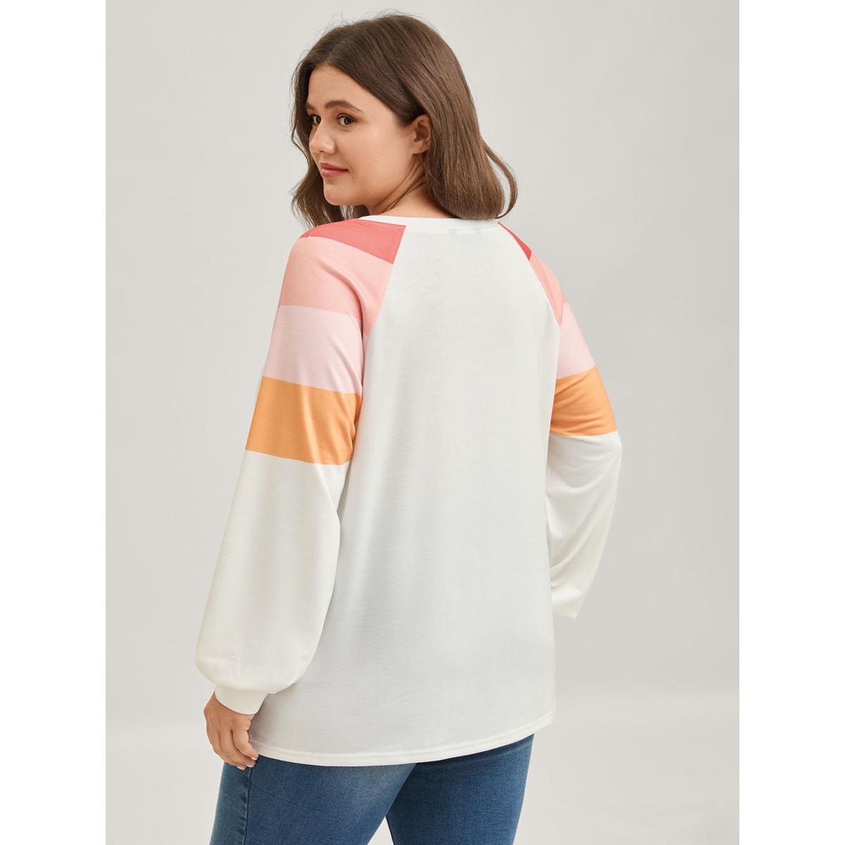 Plus Size Color Block Notched Collar Sweatshirt Women WhiteSmoke Contrast Flat collar with V-notch Casual Sweatshirts BloomChic 10/M Product Image