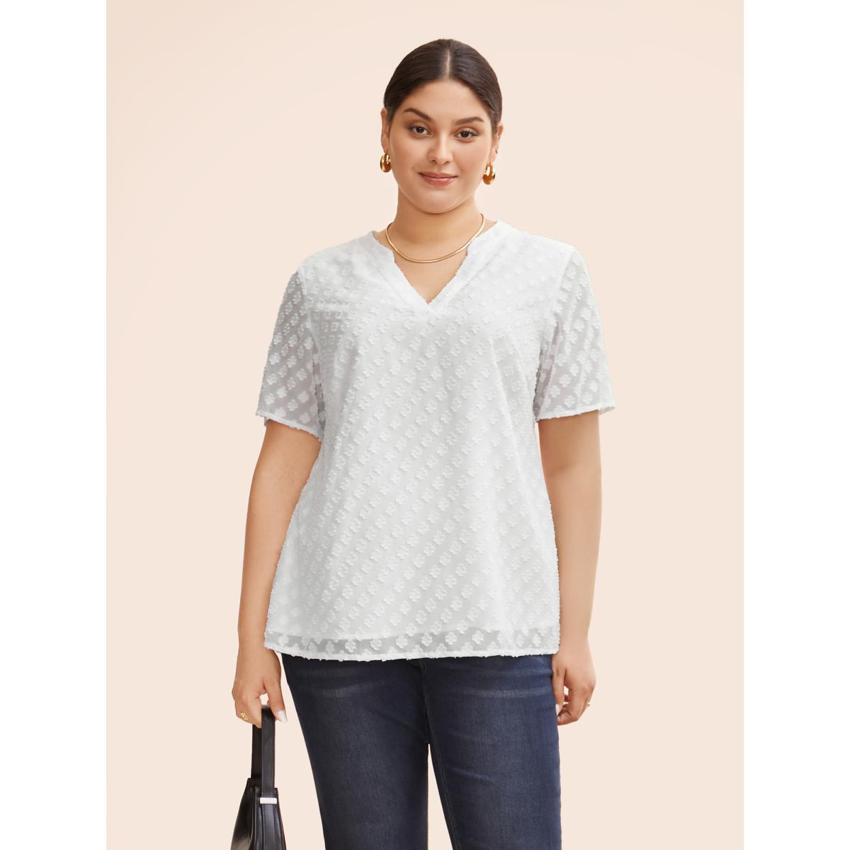 Plus Size Originalwhite Jacquard Notched Tiered Mesh Blouse Women Work From Home Half Sleeve Flat collar with V-notch Work Blouses BloomChic 14-16/1X Product Image