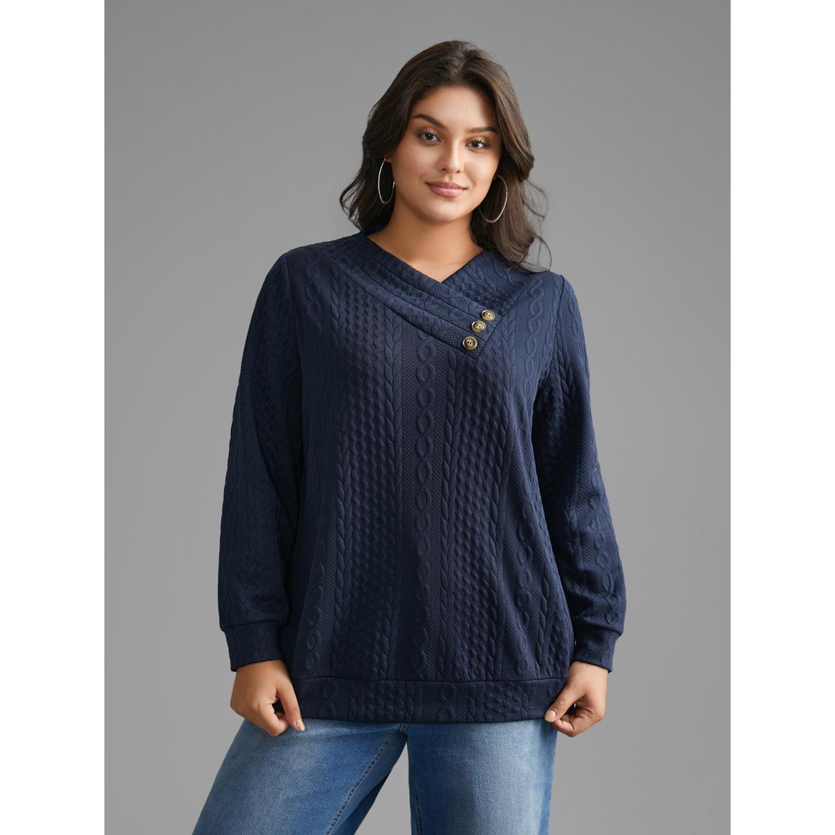 Plus Size Overlap Collar Textured Button Detail Sweatshirt Women Indigo Casual Texture Overlap Collar Everyday Sweatshirts BloomChic 28/5X Product Image
