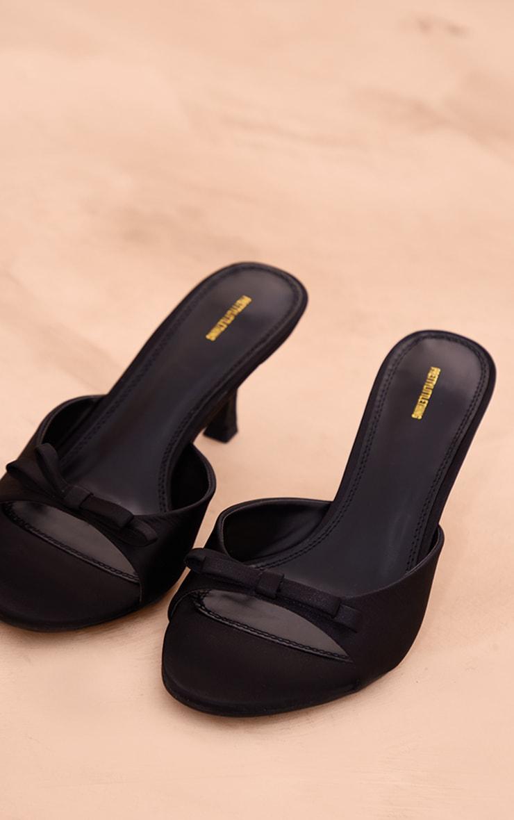 Black Satin Round Toe Bow Strap Low Heel Open Toe Mules Product Image