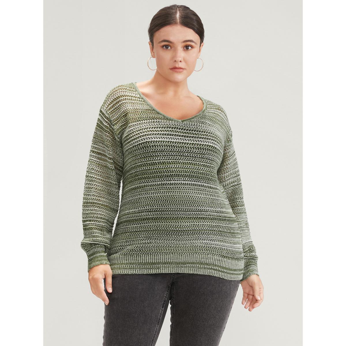 Plus Size Ombre Spacedye Knit V Neck Crochet Knit Top Multicolor Women Casual Loose Long Sleeve V-neck Dailywear Pullovers BloomChic 14-16/1X Product Image