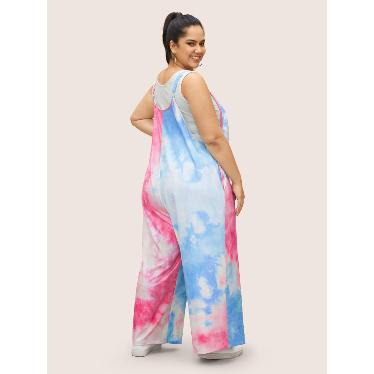 Plus Size Peach U Neck Tie Dye Pocket Pleated Jumpsuit Women Casual Sleeveless U-neck Everyday Loose Jumpsuits BloomChic 10/M Product Image