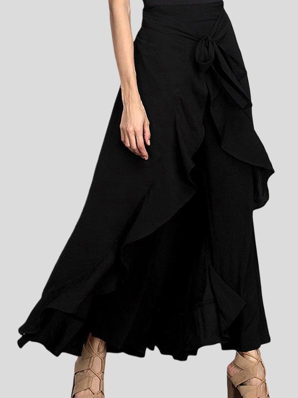 Loose Ruffle Trim Solid Color Split-Joint Tied Waist Zipper Culotte Product Image