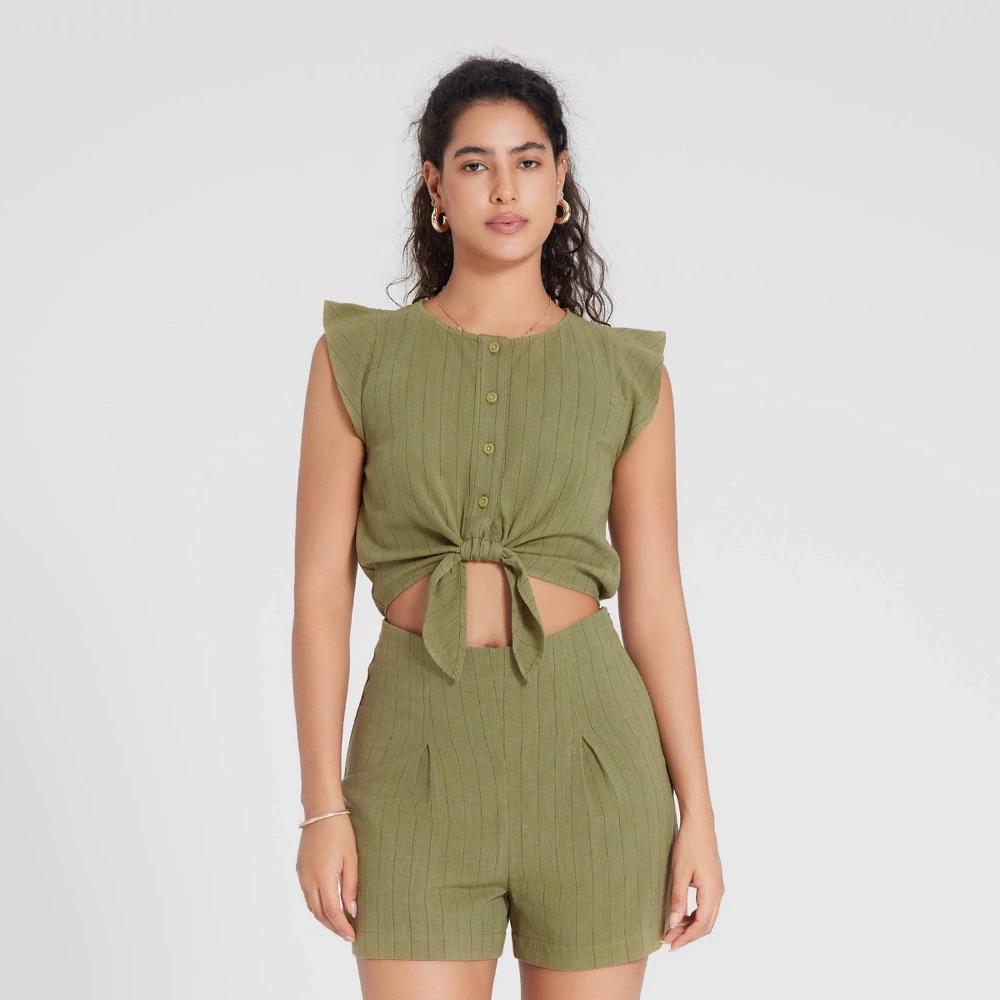 Women's Cap Sleeve Tie-Front Romper - Universal Thread™ Olive Green Striped S Product Image
