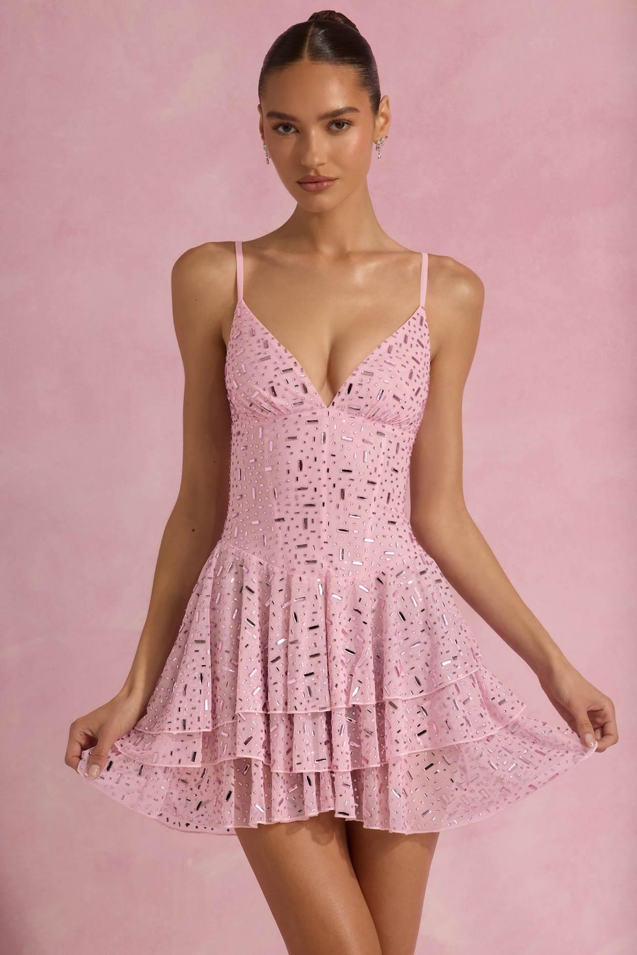 Embellished Ruffled Tiered Mini Dress in Pink Product Image