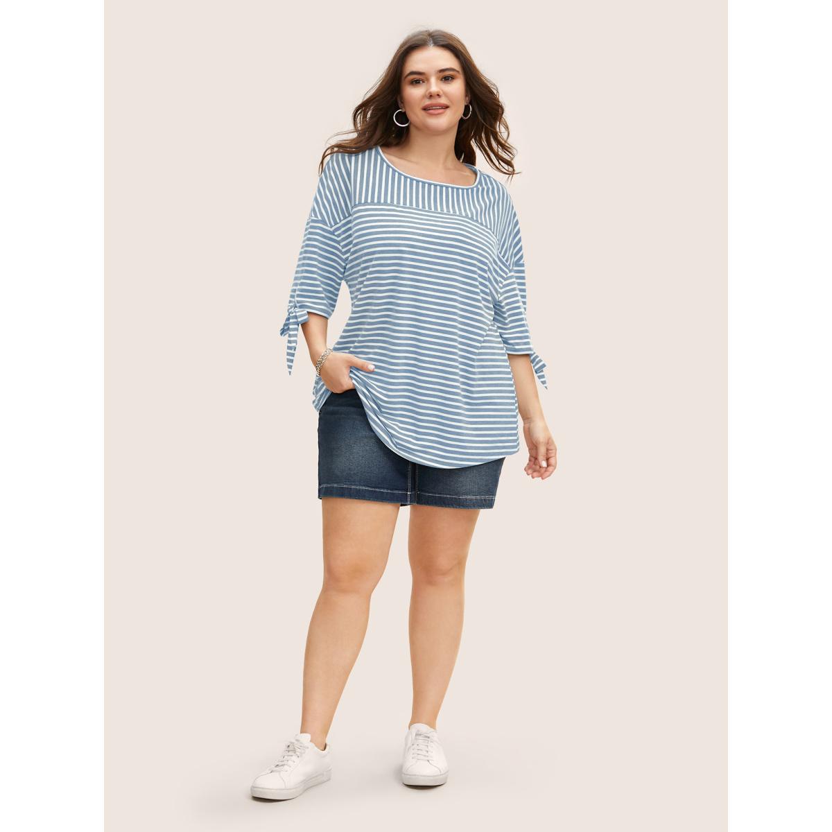 Plus Size Striped Boat Neck Tie Knot T-shirt Stone Women Casual Tie knot Boat Neck Everyday T-shirts BloomChic 28/5X Product Image