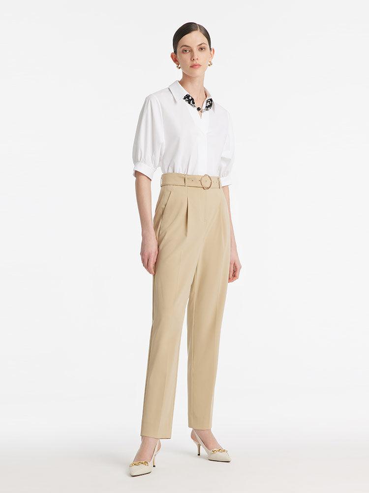 High-Waisted Ruched Tapered Women Pants With Belt Product Image