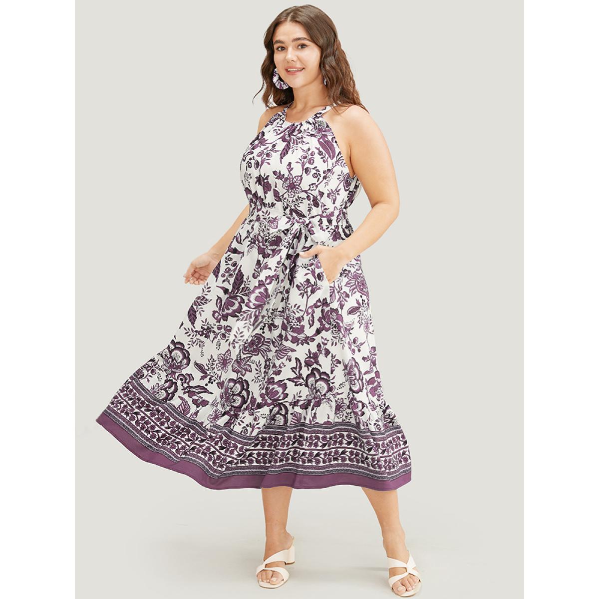 Plus Size Bandana Print Knotted Flutter Hem Pocket Belted Halter Dress Mauve Women Vacation Knotted Halter neck Sleeveless Curvy Midi Dress BloomChic 22-24/3X Product Image