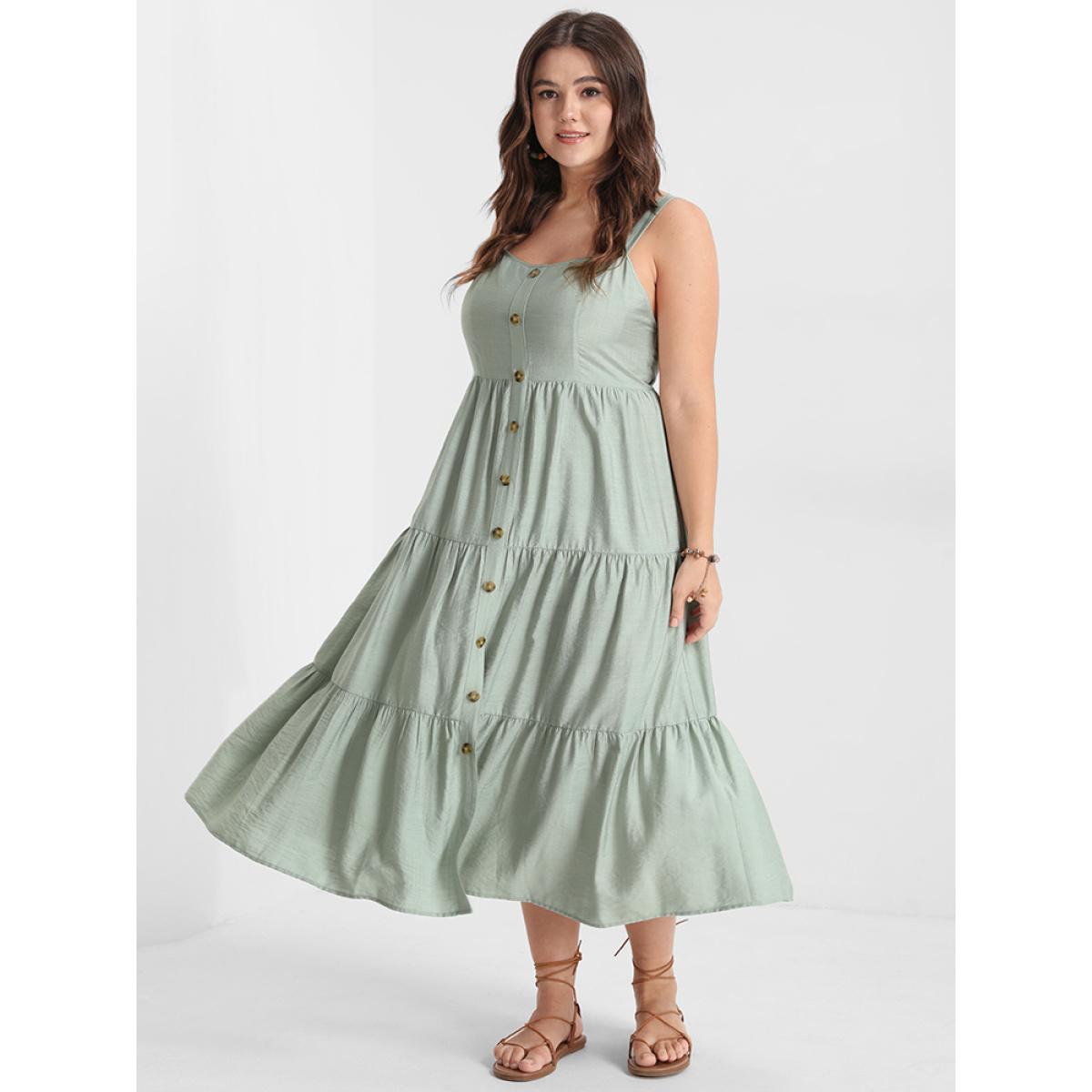 Plus Size Solid Ruffles Button Backless Shirred Tank Dress LightGreen Women Elegant Elastic Waist Spaghetti Strap Sleeveless Curvy Long Dress BloomChic 30/6X Product Image