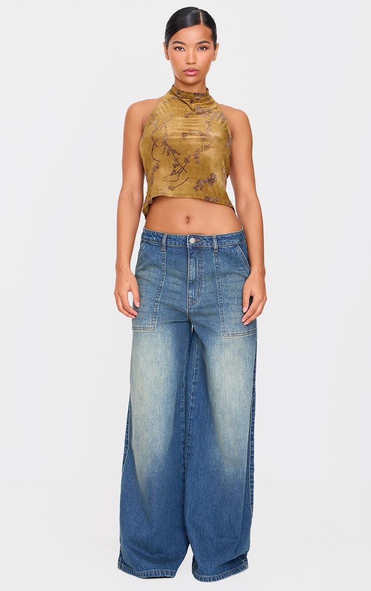 Khaki Devore High Neck Back Detail Long Top Product Image