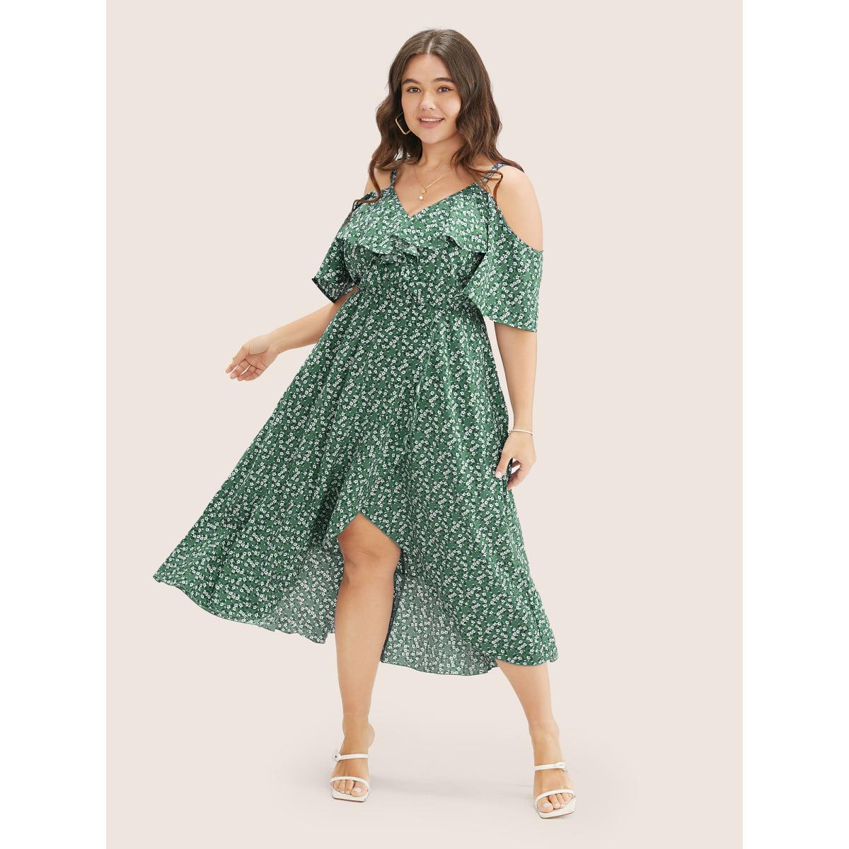 Plus Size Ditsy Floral Pocket Wrap Cold Shoulder Ruffle Dress Green Women Romantic Non Overlap Collar Short sleeve Curvy Midi Dress BloomChic 14-16/1X Product Image