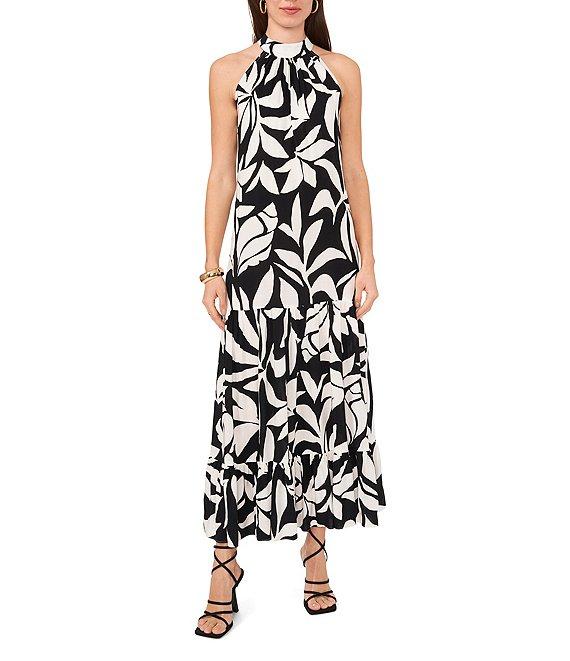Vince Camuto Woven Printed Halter Neckline Sleeveless Tiered Maxi A-Line Dress Product Image