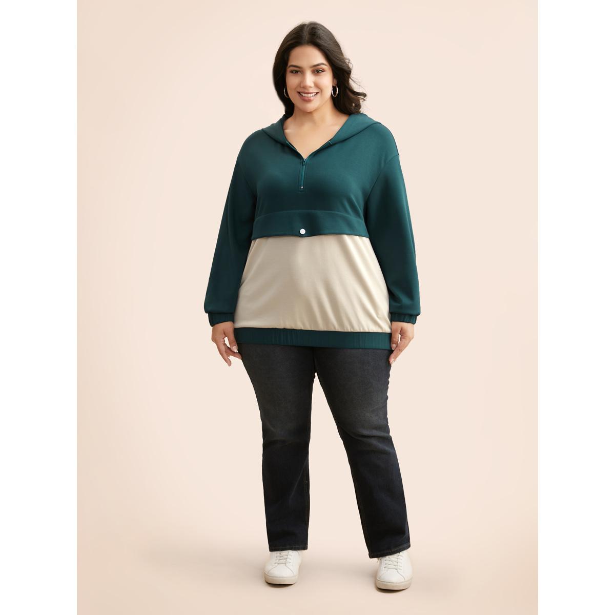 Plus Size Contrast Half Zip Hooded Sweatshirt Women Cyan Casual Contrast Hooded Everyday Sweatshirts BloomChic 22-24/3X Product Image