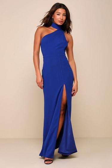 Keep It Interesting Cobalt Asymmetrical Cutout Halter Maxi Dress Product Image