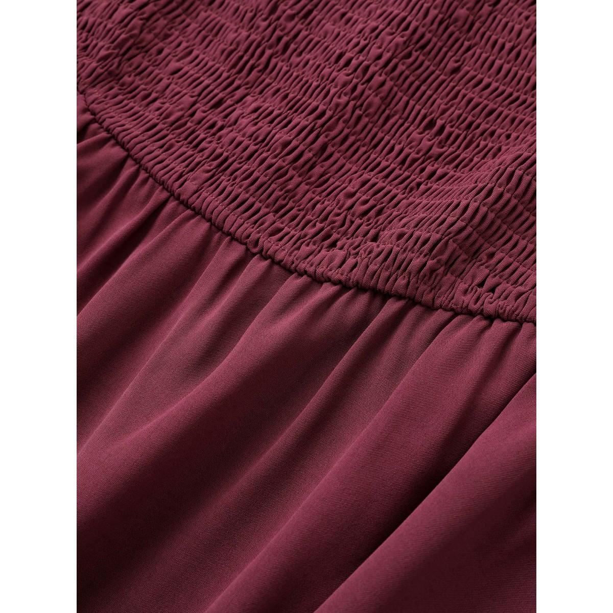 Plus Size Square Neck Shirred Pleated Frill Trim Dress RedViolet Women Elegant Non Square Neck Long Sleeve Curvy Midi Dress BloomChic 14-16/1X Product Image