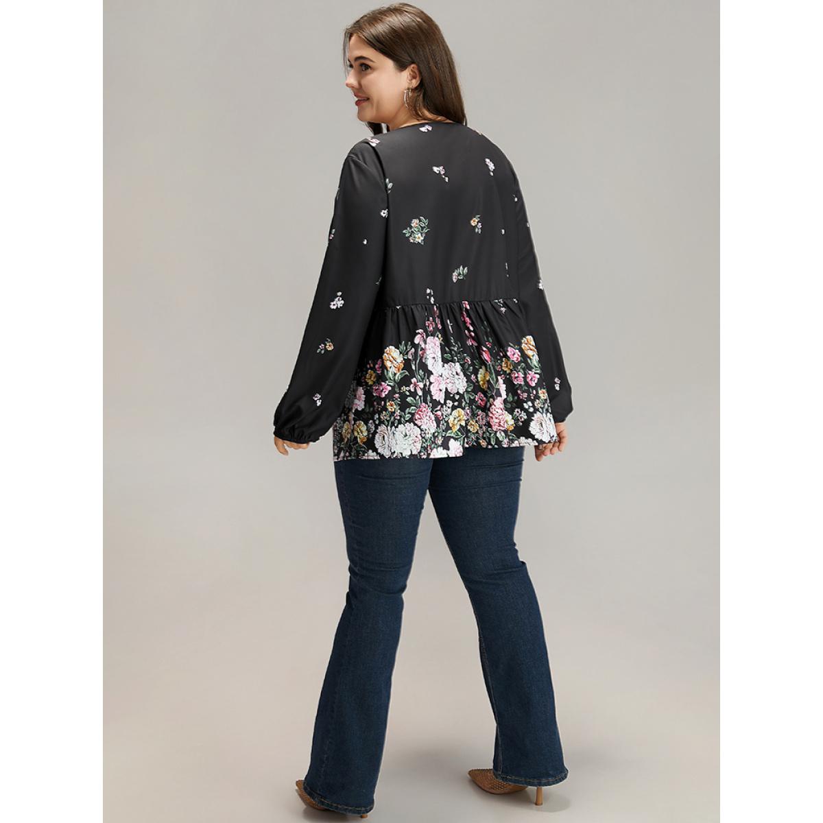 Plus Size BlackFlower Floral Print Tie Neck Blouse Women Elegant Long Sleeve V-neck Dailywear Blouses BloomChic 18-20/2X Product Image