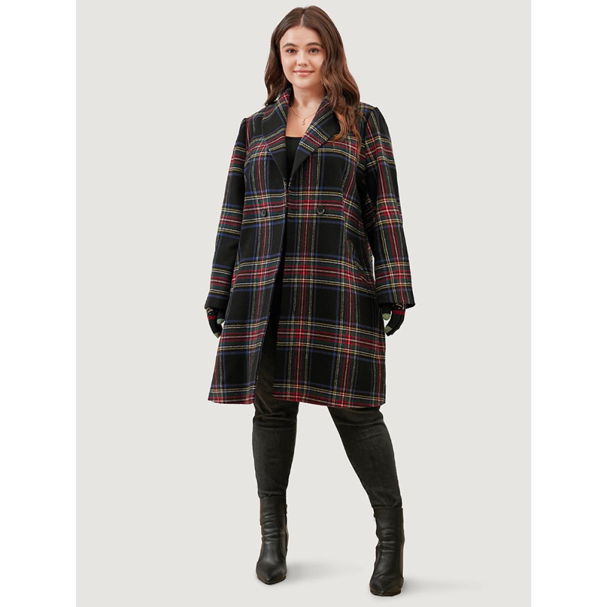 Plus Size Plaid Button Through Pocket Lapel Collar Coat Women Black Casual Pocket Ladies Dailywear Winter Coats BloomChic 12/L Product Image