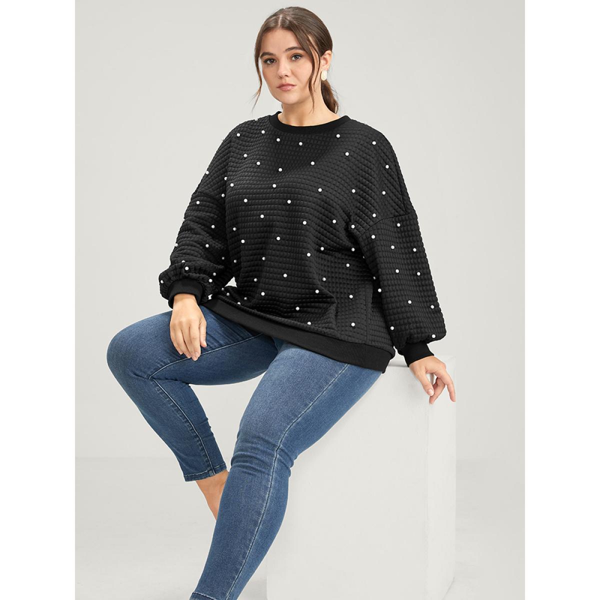 Plus Size Solid Texture Pearls Beaded Sweatshirt Women Black Party Beaded Round Neck Going out Sweatshirts BloomChic 26/4X Product Image